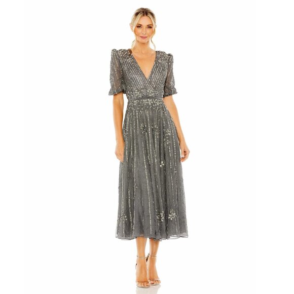 Mac Duggal Puff Quarter Length Sleeve V-Neck Dress Pewter 2 #A0076 - Picture 1 of 10